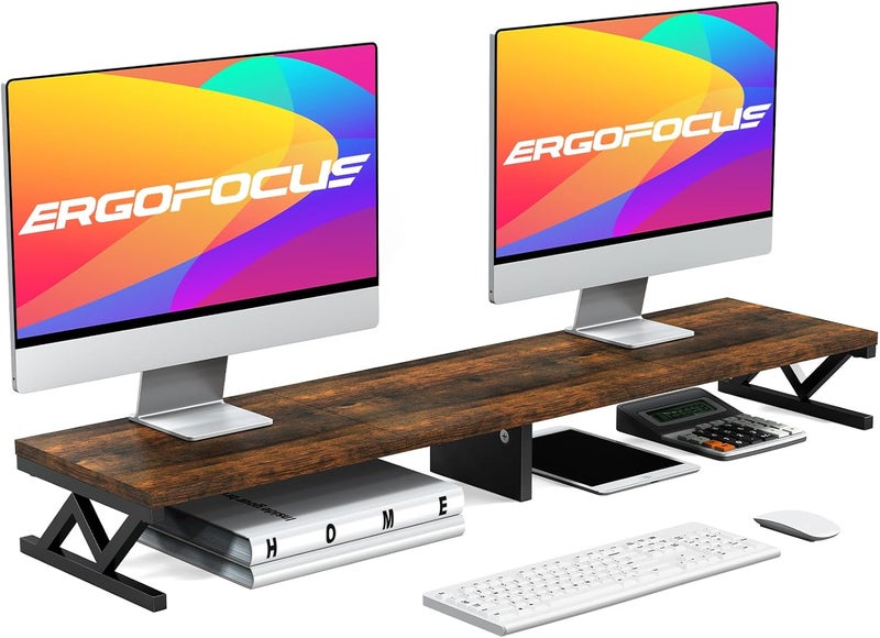 ErgoFocus Dual Monitor Stand Riser, Large Wood Monitor Riser for 2 Monitors, Monitor Lift with Storage for Desk, Sturdy Wood&Steel Multi Screen Stand, Desktop Organizer Monitor Stand for Computer - Image 1